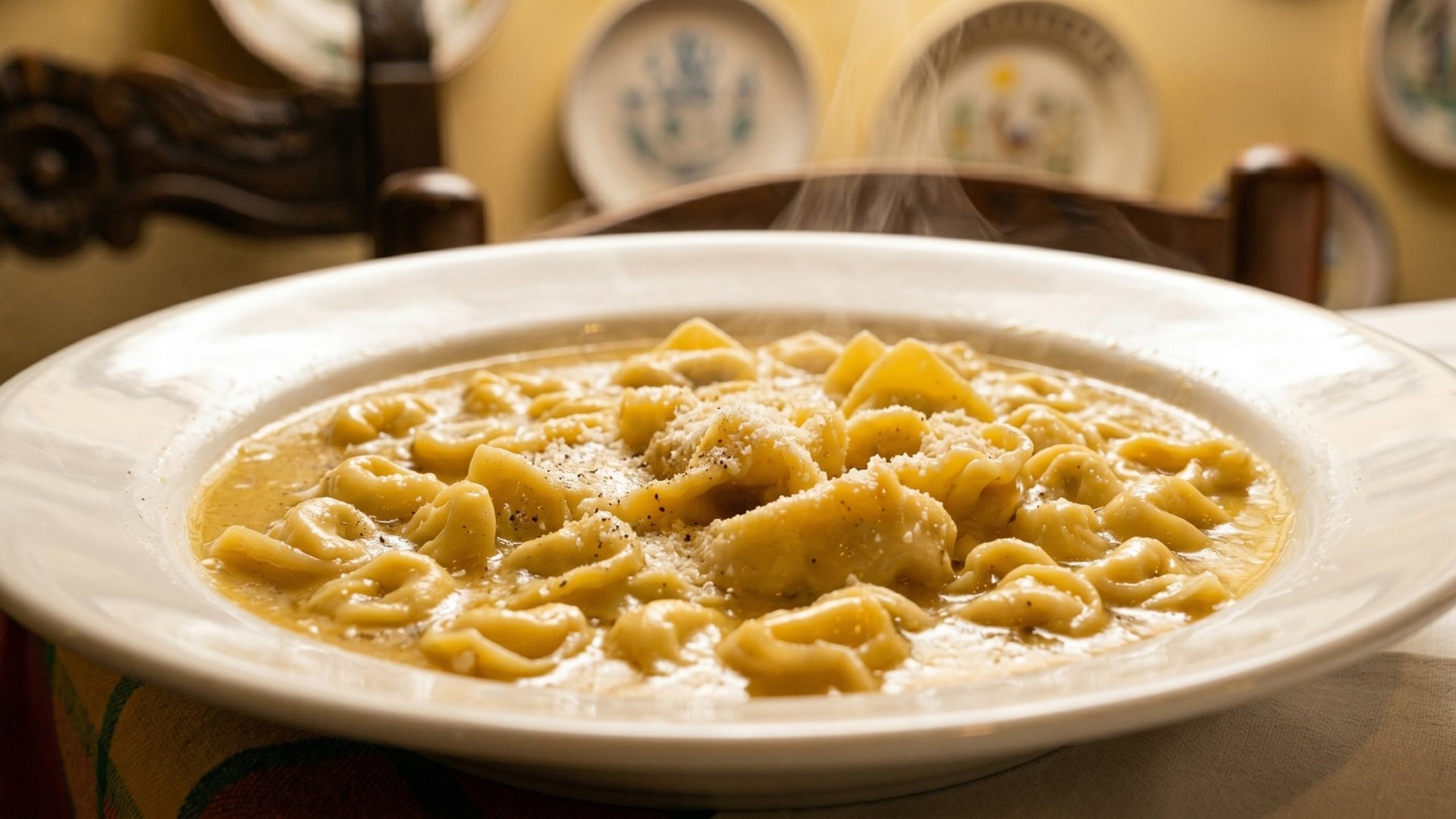Tortellini in brodo serviti alla Trattoria Aldina, nella sala dalle pareti color ocra